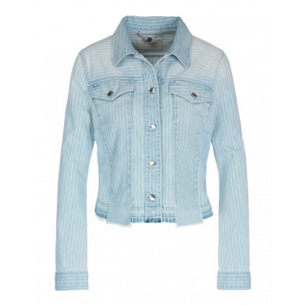 MARC CAIN STRIPED DENIM JACKET WITH FRINGED HEM WOMENS SIZE  6 (N3)